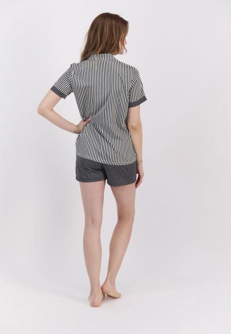 Pijama damă viscoză alb-negru cu dungi și stelute Engros